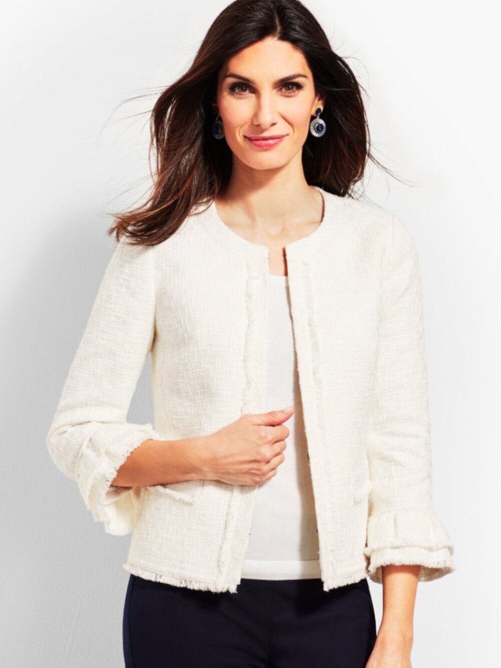 Talbots. 14W. Textured White Fringe Trim Jacket